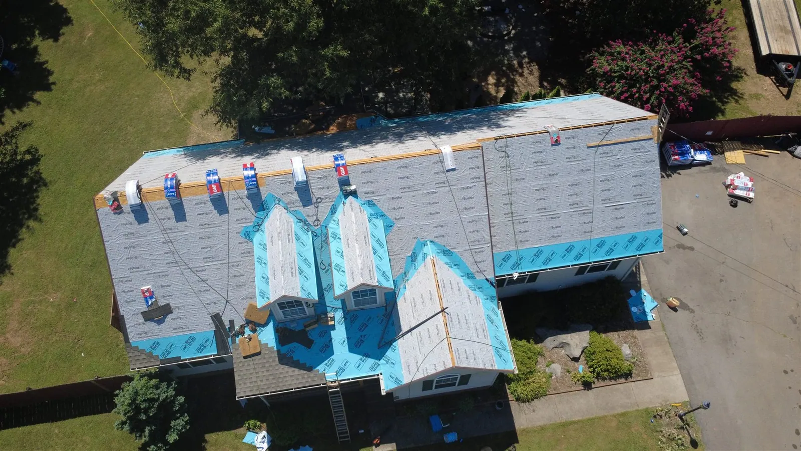 Roof dried in with GAF FeltBuster and blue StormGuard underlayment